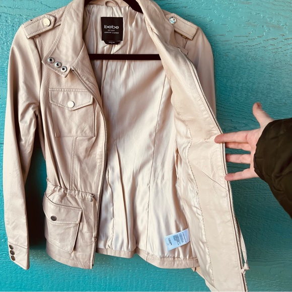 Bebe Genuine Leather Utility Jacket Cream Beige Zip Front NWT Size S - Picture 6 of 12